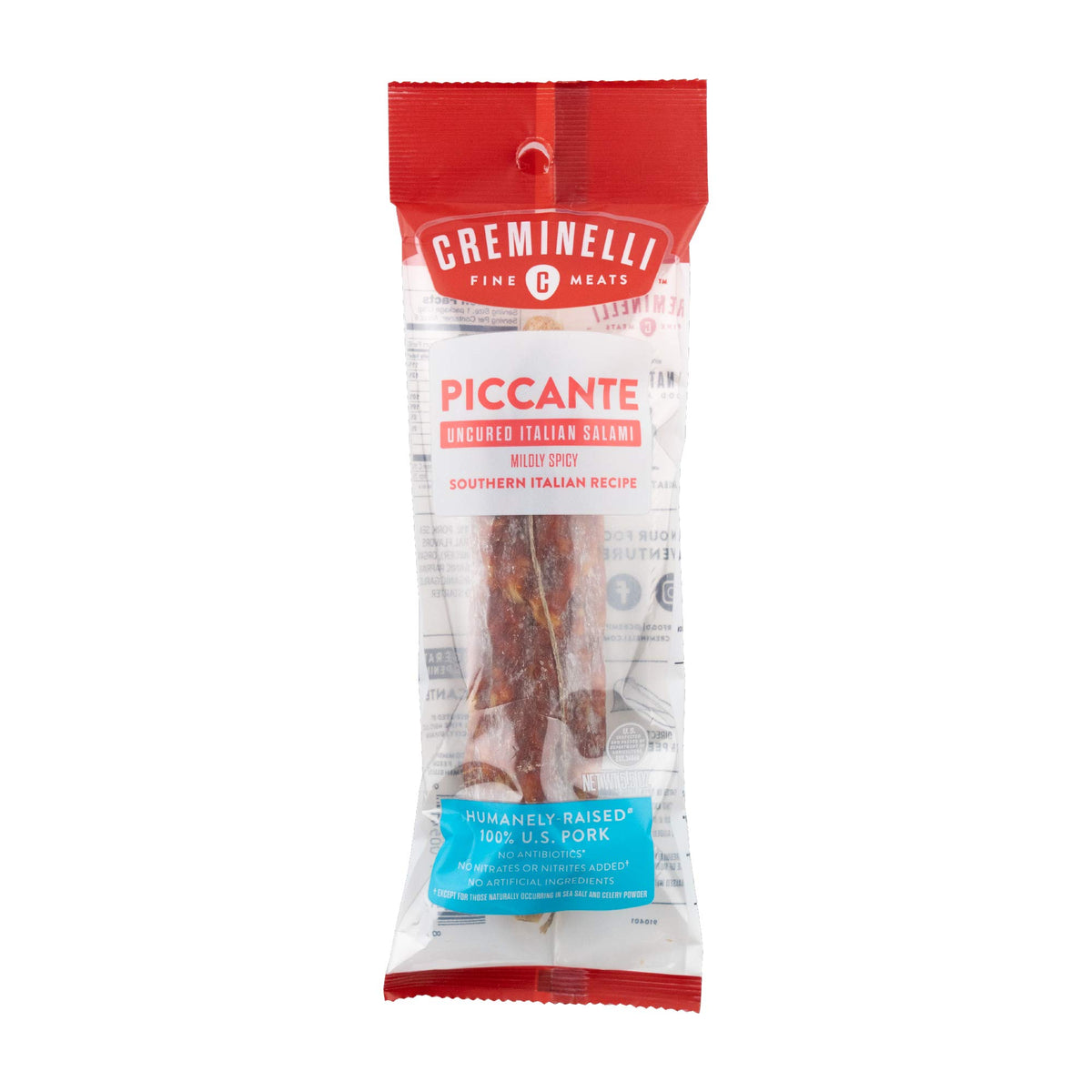 Creminelli Piccante Salami, (3 count, 5.5oz), Humanely Raised Pork*, No Added Nitrates or Nitrites, No Artificial Ingredients, Gluten Free, Keto
