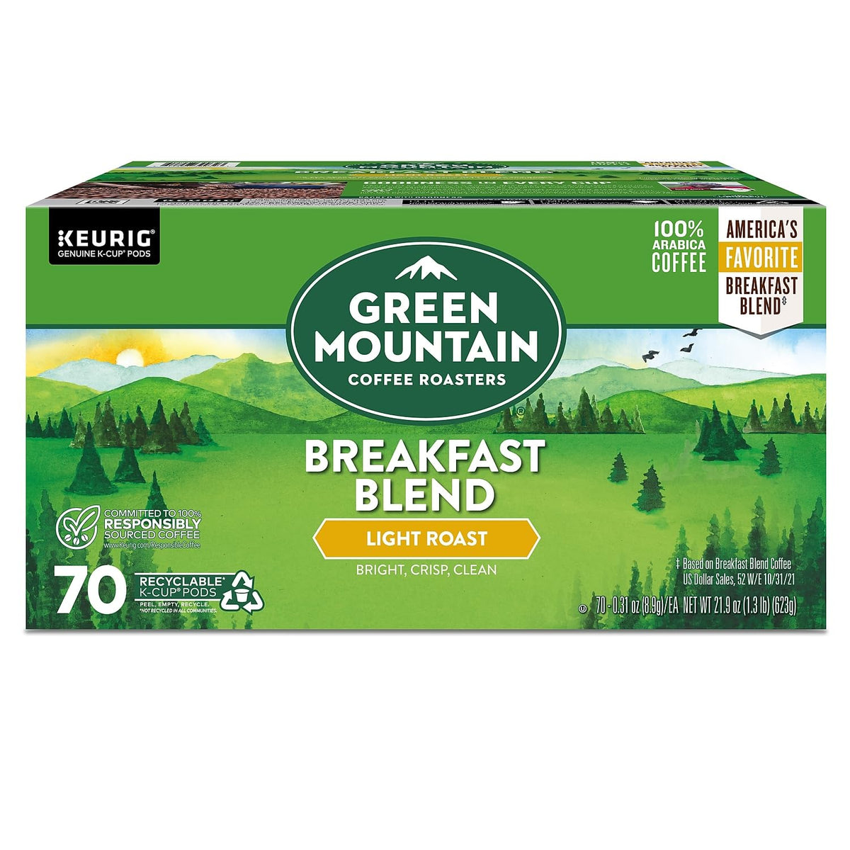 Green Mountain Breakfast Blend Coffee Keurig K-Cup Pods, Light Roast, 70/Box (5000373741)