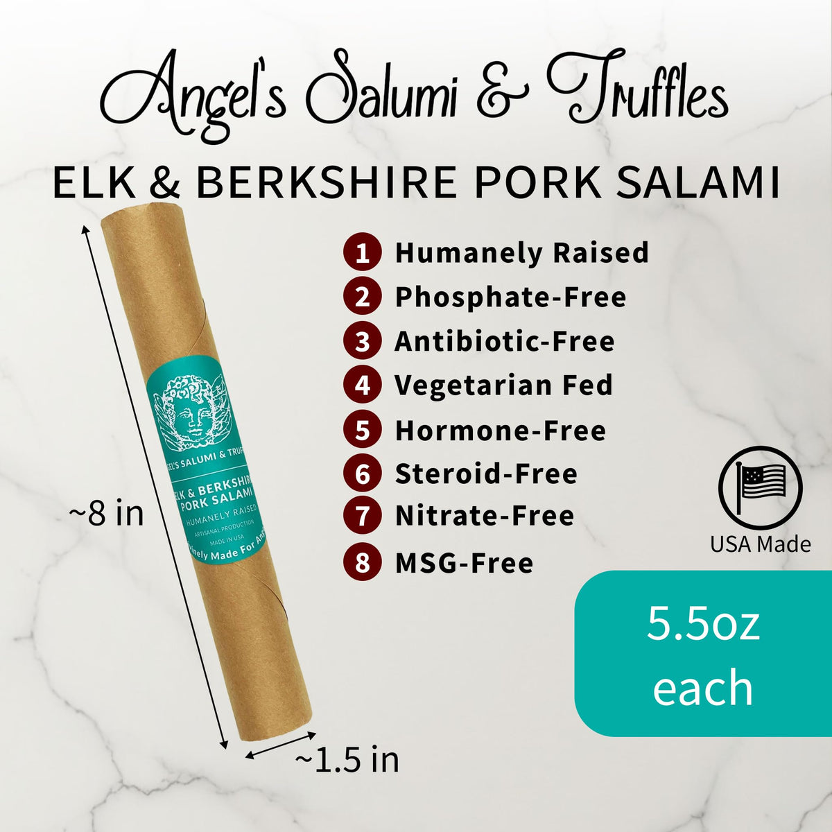 Angel's Salumi Elk & Berkshire Pork Salami - 5.5 oz Gourmet Artisanal Charcuterie - Humanely Raised, Vegetarian-Fed, MSG, Phosphate, Antibiotic