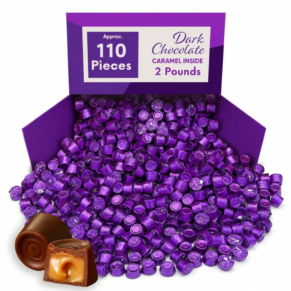Dark Chocolate Caramel Candy Bites, Individually Wrapped Bulk Candy - 2 lb (Approx. 110 pieces)