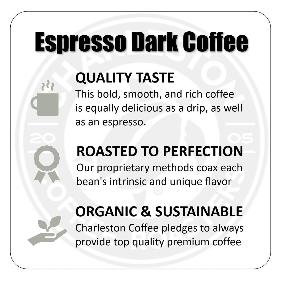 Charleston Coffee Roasters | Specialty Organic Whole Bean Coffee | Hand Picked, Premium Slow Roast | (Espresso Dark, Bold Roast) 12oz