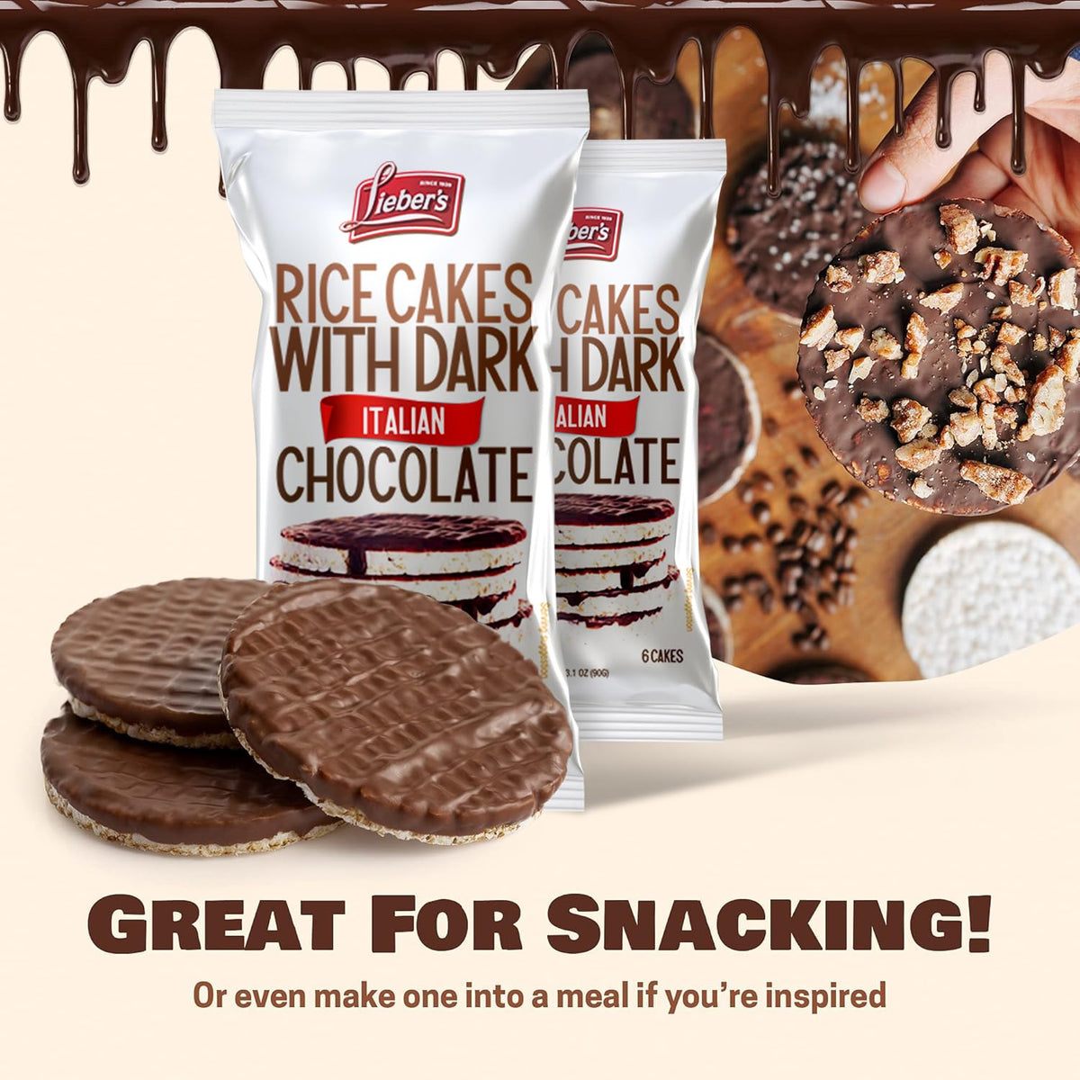 LIEBERS Dark Chocolate Rice Cakes, Kosher Certified Dairy Free, Gluten Free Snack (Dark Italian Chocolate) Pack Of 3
