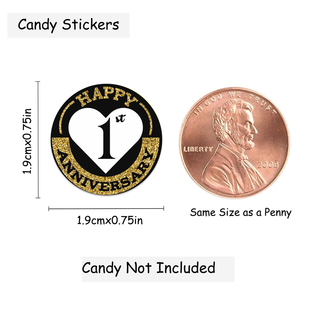 Black and Gold 1st Anniversary Kisses Stickers, 180 Count 0.75" Round Candy Labels, Chocolate Favor Stickers for 1st Wedding Anniversary Party
