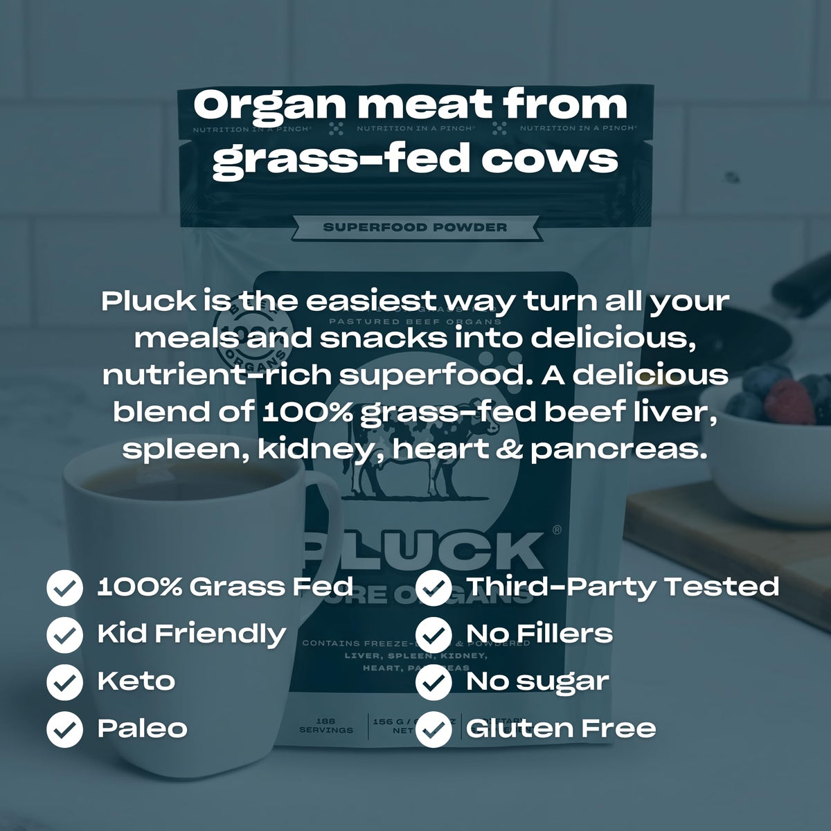 Pluck Pure Beef Organs Powder | 100% Liver, Kidney, Spleen, Heart, & Pancreas from 100% Grass Fed & Grass Finished Pastured Beef | As Seen on ABC's