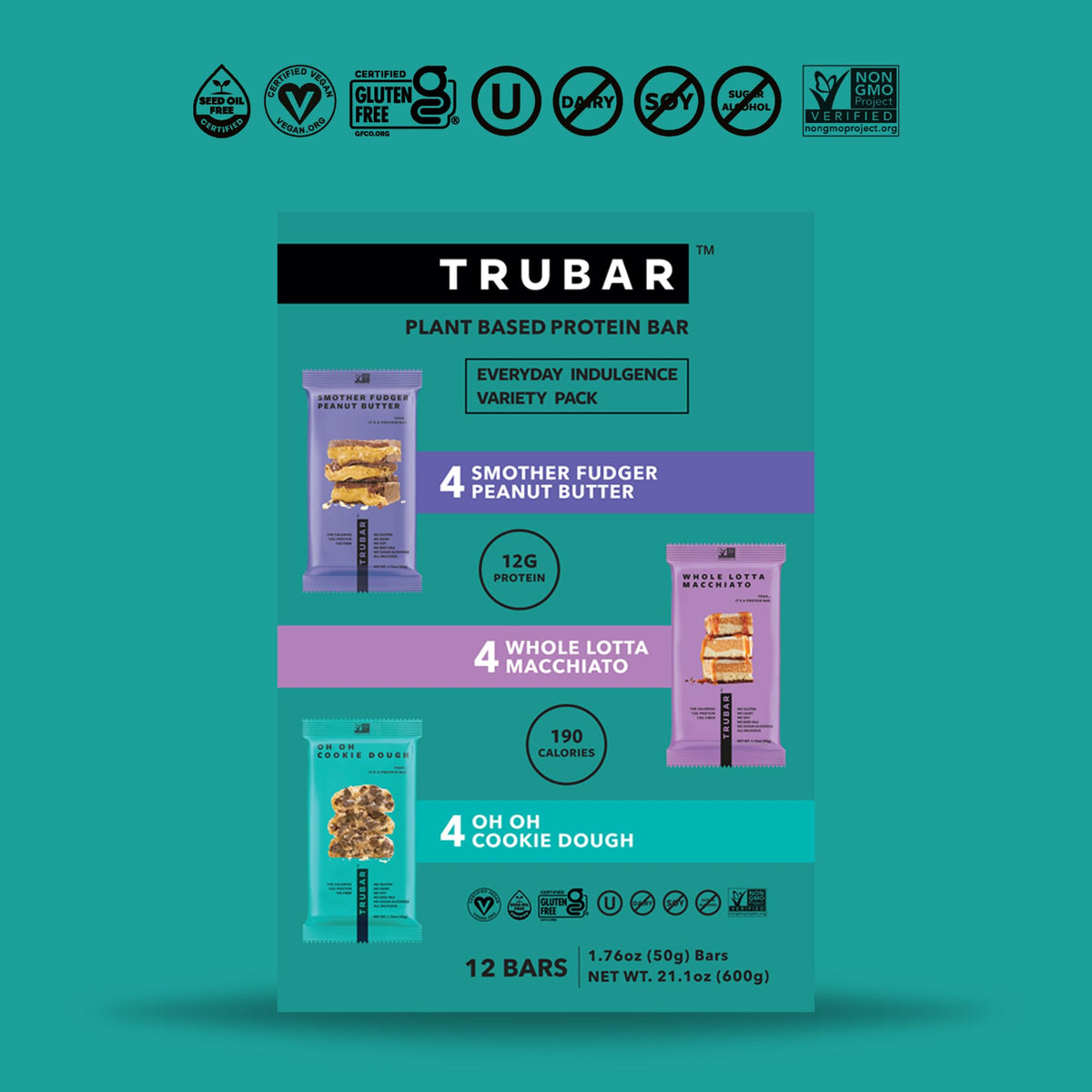 TRUBAR Vegan Protein Bar Variety Pack, Assorted Flavors, Peanut Butter, Macchiato, Cookie Dough, Gluten Free, Vegan Protein Snacks, 12G Plant-Based