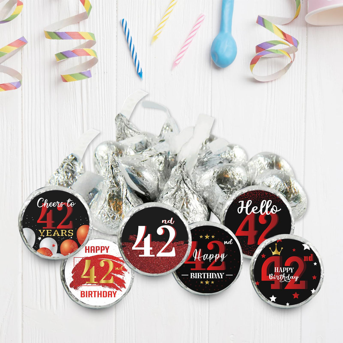 Happy 42nd Birthday Party Favor Labels Chocolate Candy Stickers - Forty Two Years Old Round Candy Sticker Party Favors - Black and Red - 150 Stickers