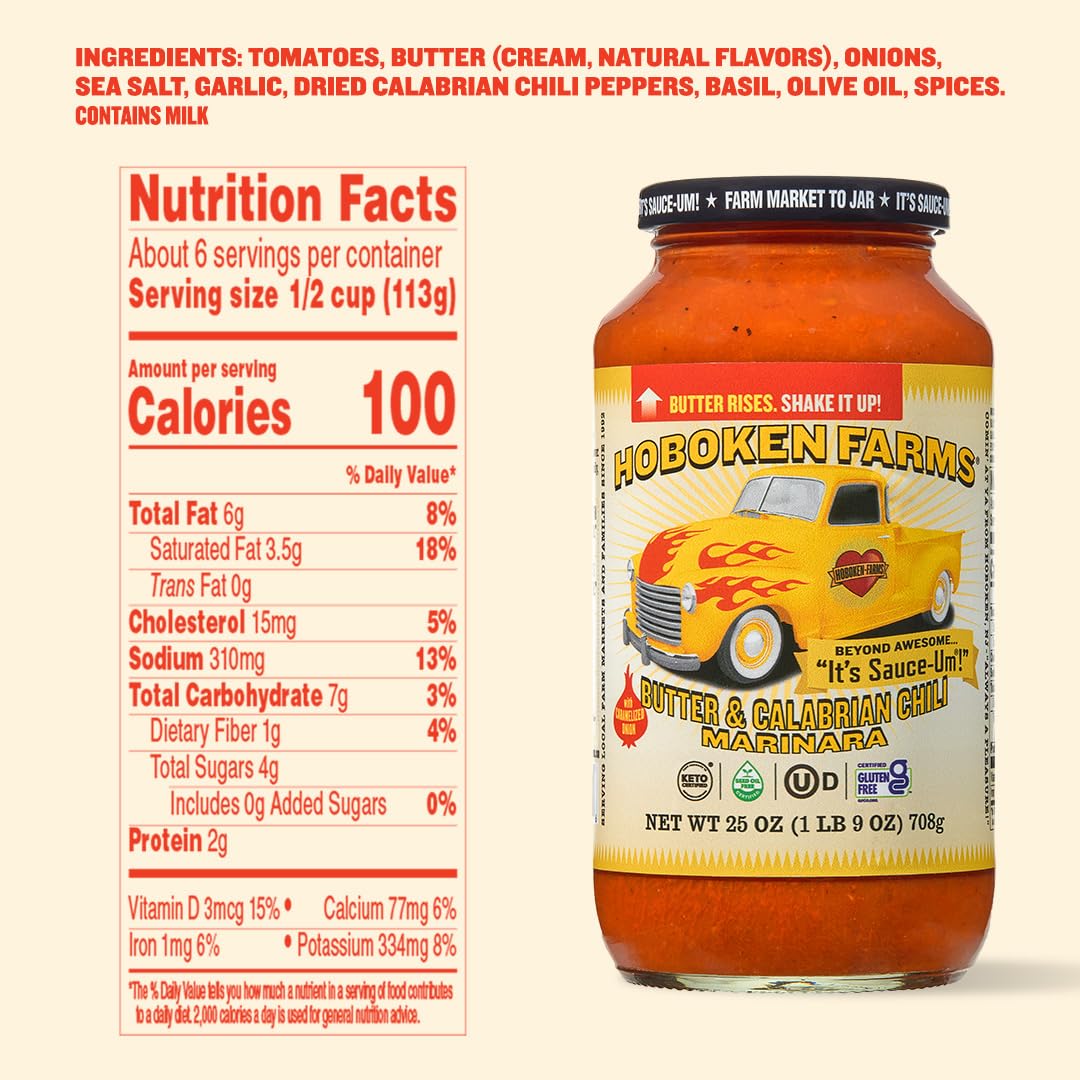 Hoboken Farms Butter & Calabrian Chili Marinara Sauce - No Sugar Added, Non-GMO, Preservative-Free, Low Carb, Keto and Seed Oil Free - Better For You