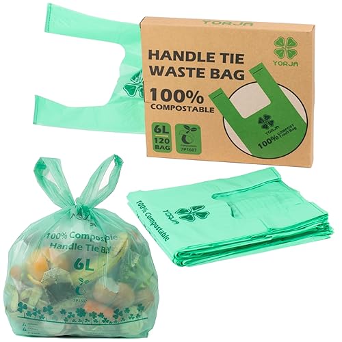 YORJA 1.6 Gallon Tie Handles Compost Trash Bags 120 Food Scrap Bags, Compostable Kitchen Waste Bags with Europe EN13432 & ASTM D6400 Certified