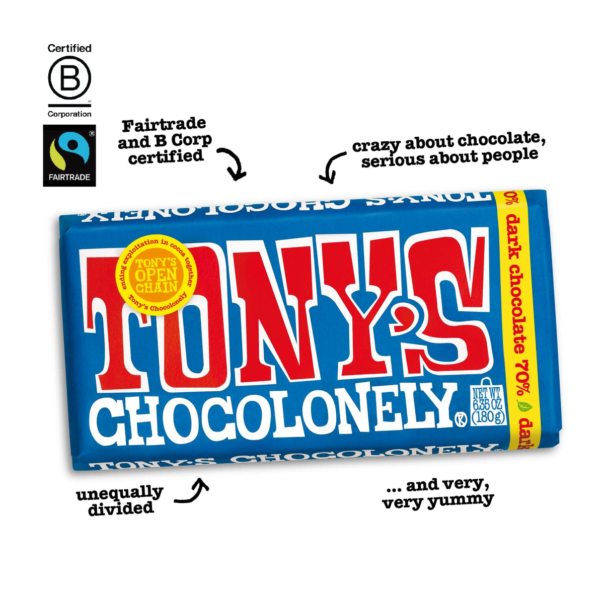 Tony's Chocolonely 70% Dark Chocolate Bar, 6.35 Ounce, 15 Pack