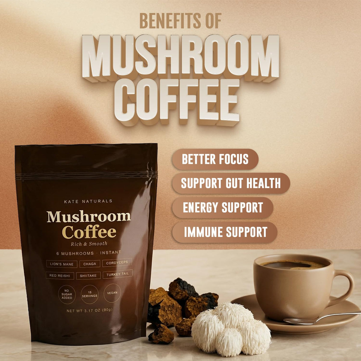 Kate Naturals Mushroom Coffee Instant (15 Servings, 3.17oz) Organic Lion's Mane, Chaga, Cordyceps, Red Reishi, Turkey Tail, Shiitake & Agave Inulin