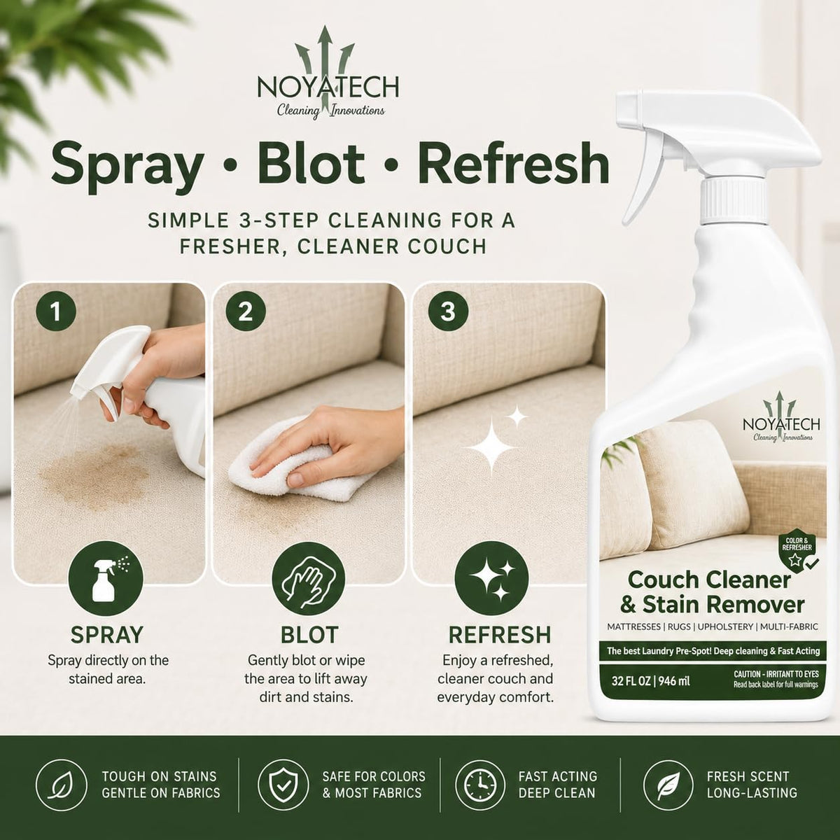 NOYATECH Travel size Couch Cleaner and Stain Remover. For sofas, car upholstery, carpets, rugs, mattresses, dining chairs, all Fabrics. Safe, for kids