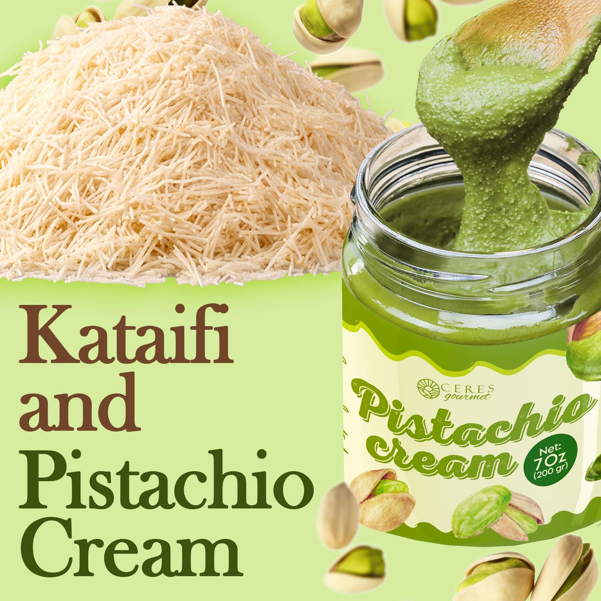 Ceres Gourmet Kataifi Shredded Fillo Dough & Pistachio Butter Spread Bundle for Dubai Chocolate Bar, Authentic Turkish Dried Chopped Kadayif Pastry