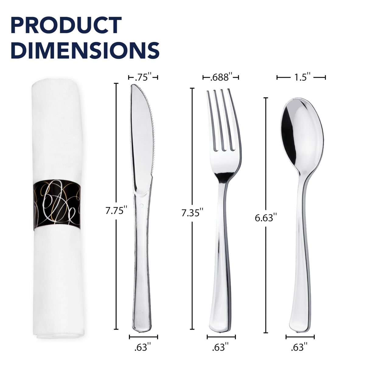 Party Essentials Party Supplies Wrapped Silverware Set Disposable, Pre Rolled Napkin and Cutlery, Spoons/Forks/Knives Silver, 25 Units