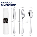 Party Essentials Party Supplies Wrapped Silverware Set Disposable, Pre Rolled Napkin and Cutlery, Spoons/Forks/Knives Silver, 25 Units
