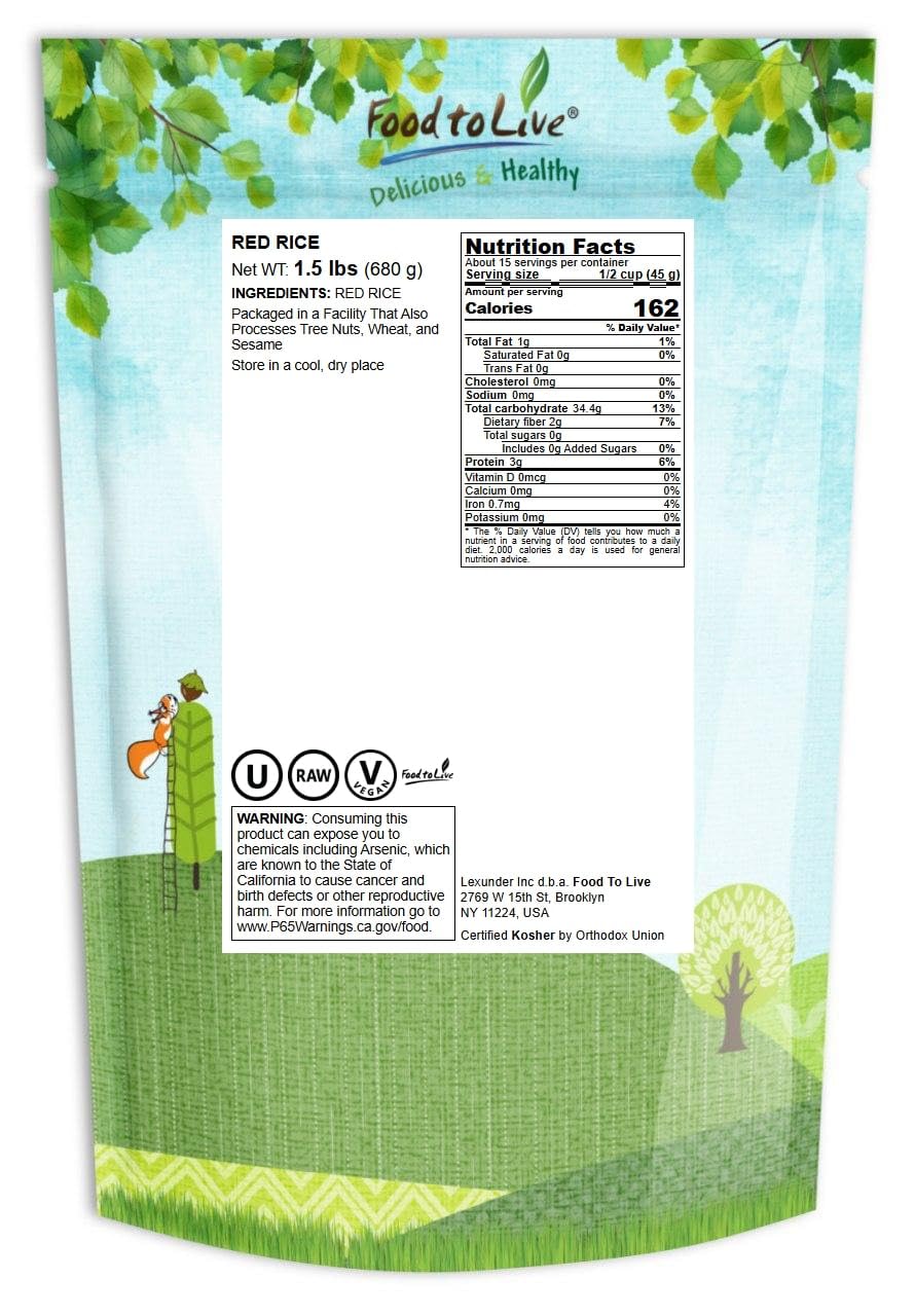 Food to Live Red Rice, 1.5 Pounds - Whole Rice, Nutty Flavor, Soft Texture, Non-Sticky, Vegan. Good Source of Protein and Antioxidants. Perfect for Pilafs, Salads, Stir-Fries and Rice Bowls