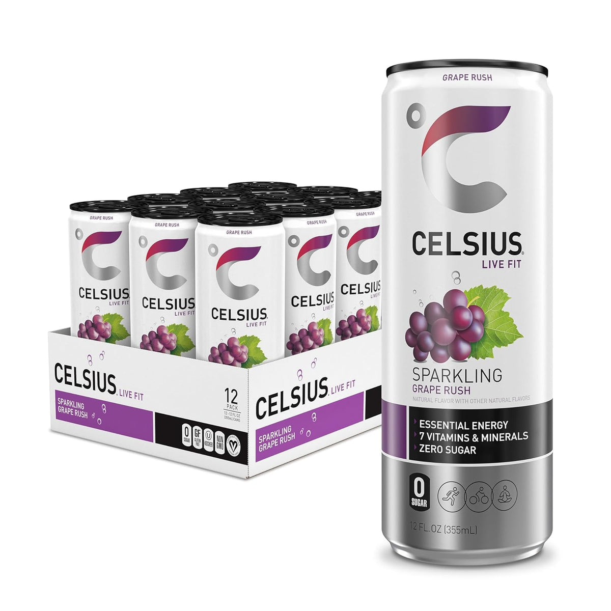 Weinner CELSIUS Sparkling Grape Rush Functional Essential Energy Drink, 12 Fl Oz (Pack of 12)