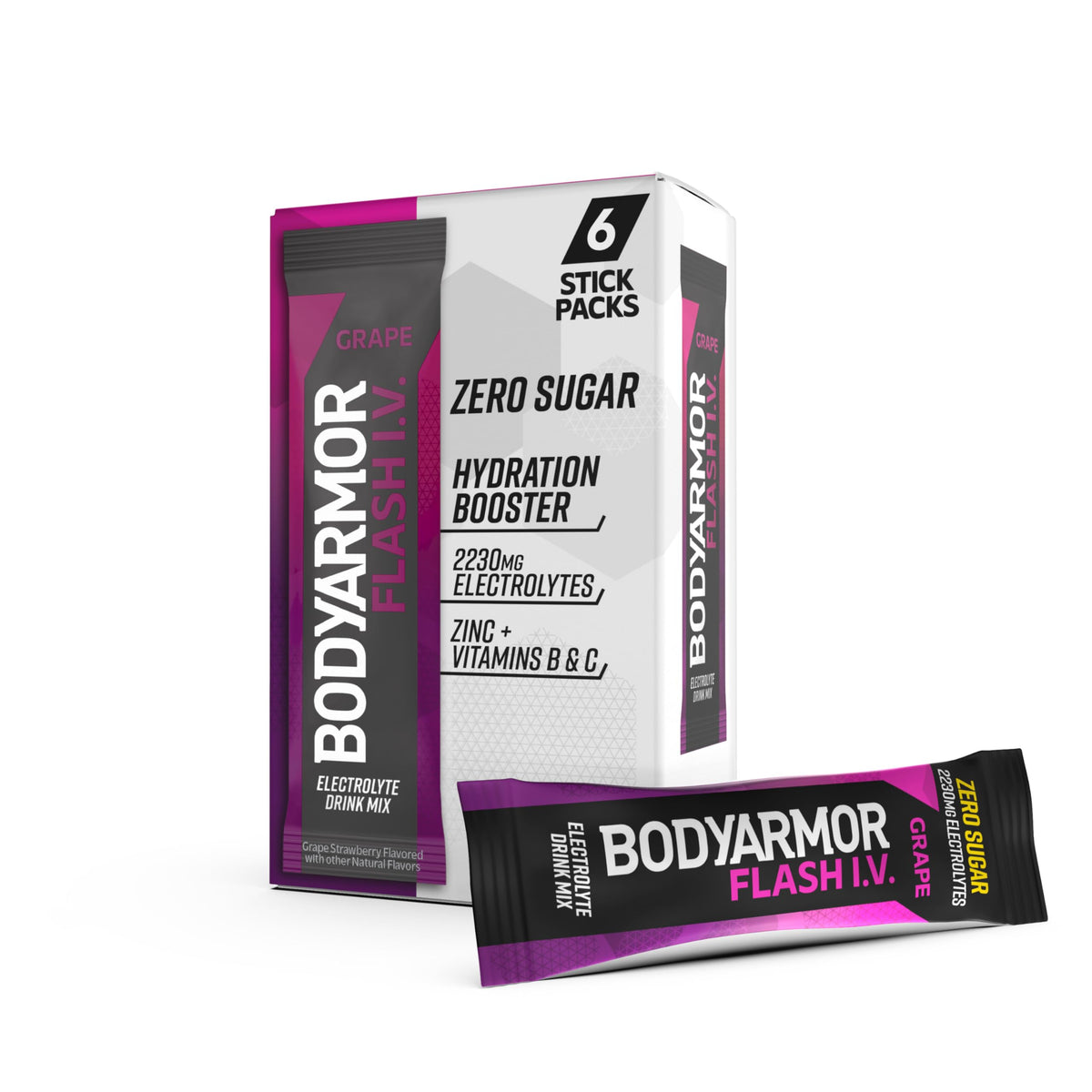 BODYARMOR Flash IV Electrolyte Packets, Grape - Zero Sugar Drink Mix, Single Serve Packs, Coconut Water Powder (6 Count)