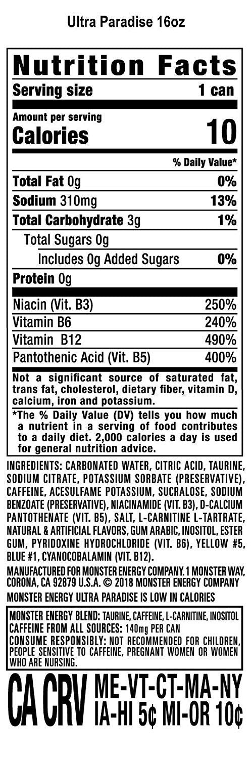 Monster Energy Ultra Zero Sugar Energy Drinks 16 ounce cans (Ultra Paradise, 6 Cans)