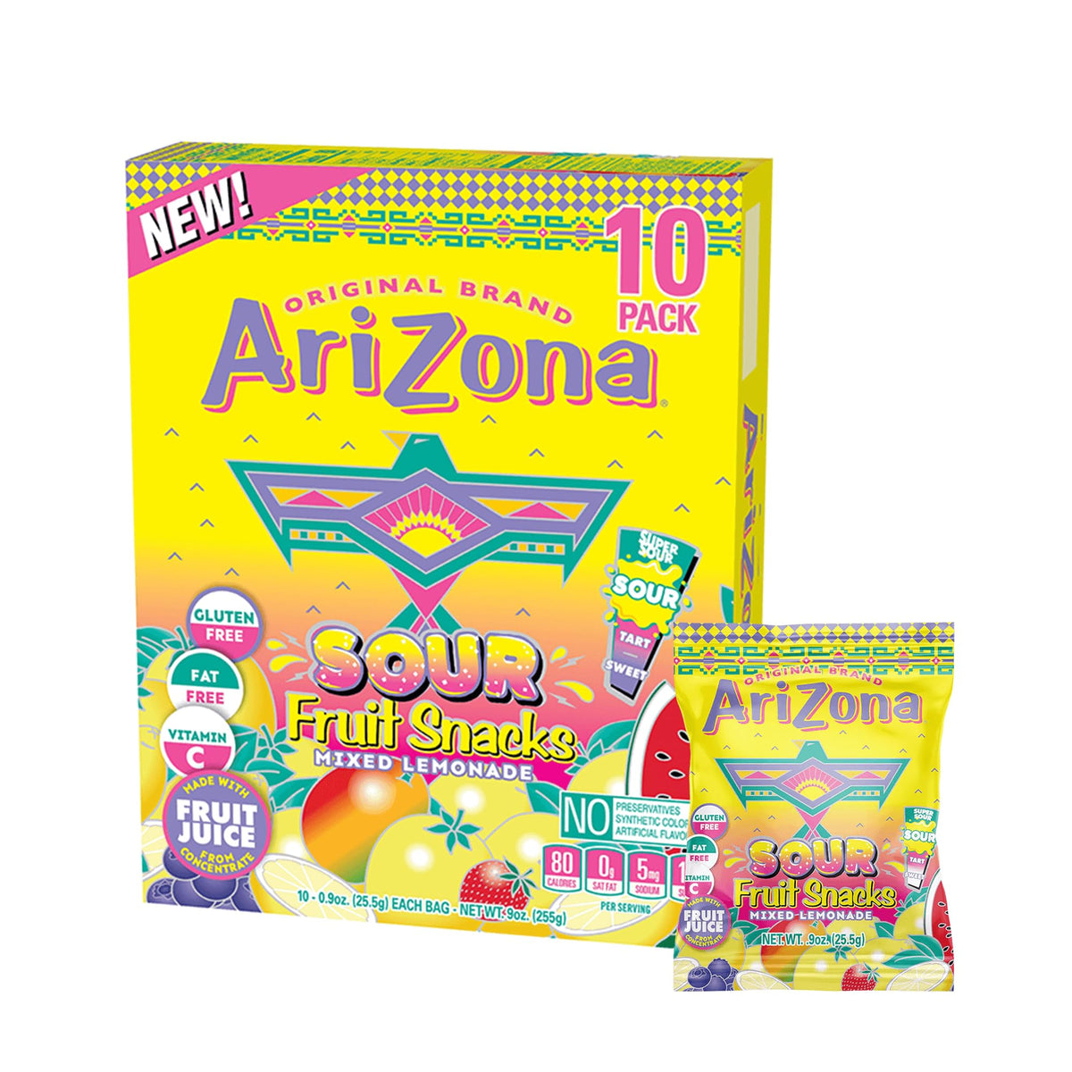 AriZona Lemonade Fruit Snacks, Sour Lemonade - 0.9 oz, 10 count Box