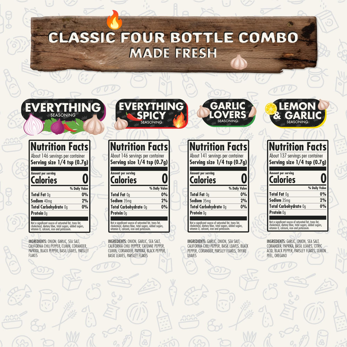 Flavor God Classic Combo Pack Of 4 Seasoning & Spices for Cooking, Everything, Everything Spicy, Garlic Lovers, Lemon & Garlic, Low Sodium, Healthy