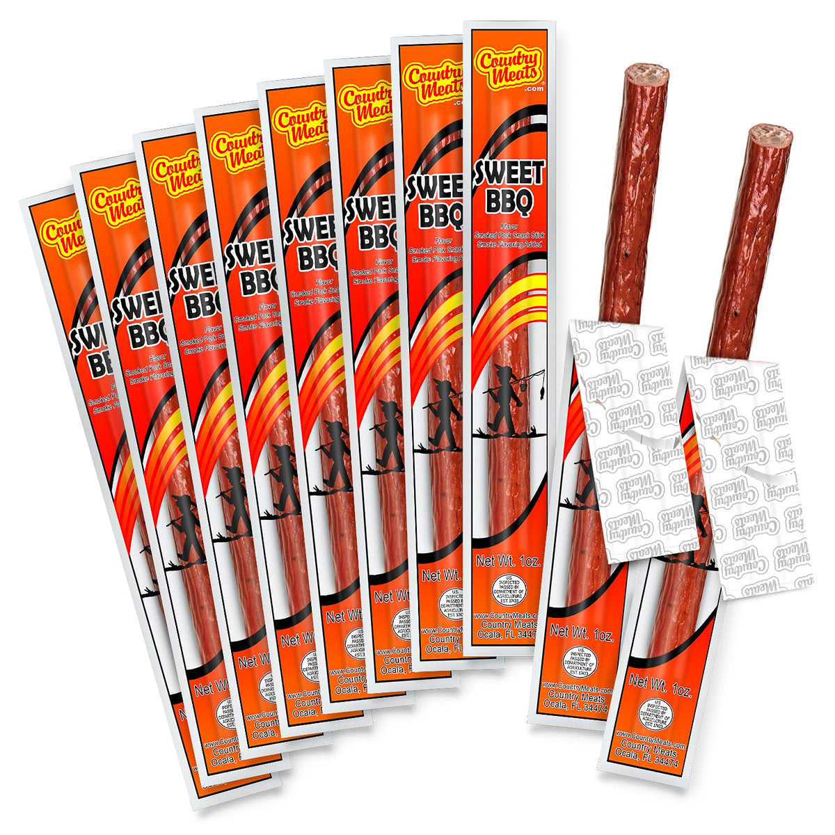 Country Meats, Meat Sticks, USDA Certified, 0 Trans Fat, Low Carb, High Protein, Keto Snack, Keto Friendly (10 Sticks, Sweet BBQ)
