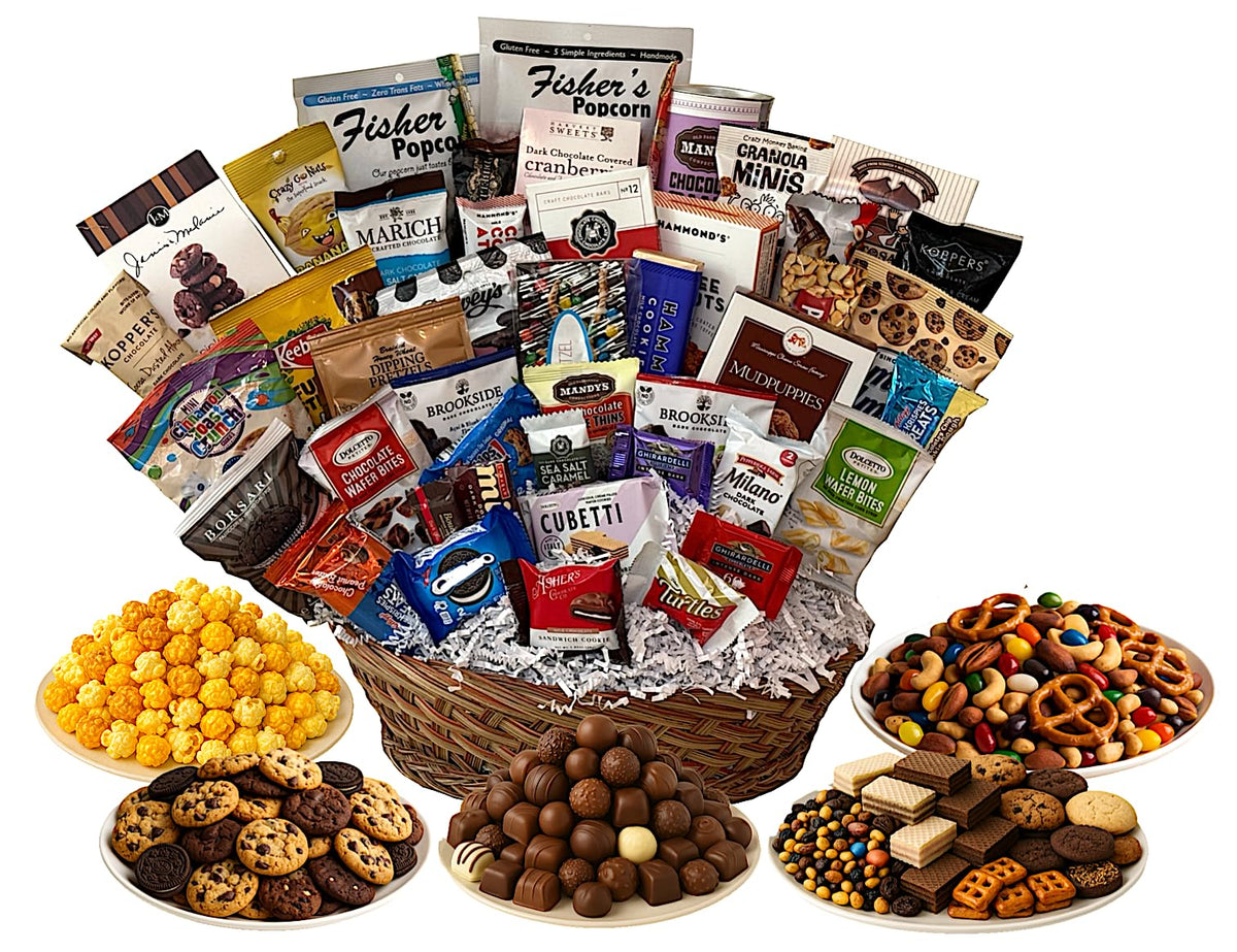 Handcrafted Gift Basket with Chocolates, Cookies, Snacks & Candy. Perfect for Birthdays, Sympathy, Holidays, Clients & Thank You Gifts (Premium Plus