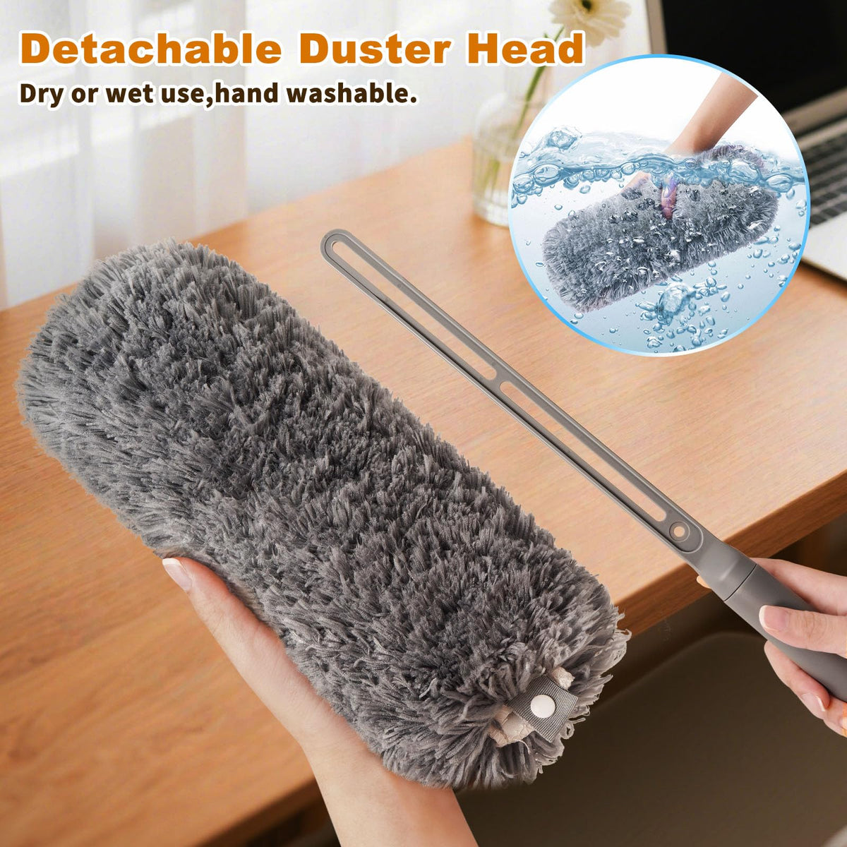 Microfiber Duster with Washable and Reusable Duster Head, Microfiber Dusters for Household Cleaning, Gray