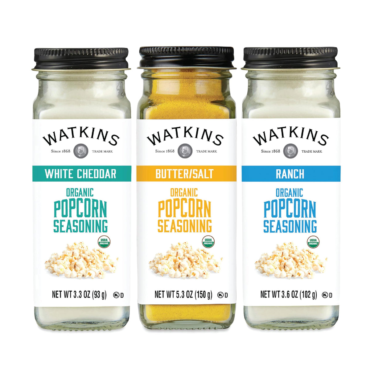 Watkins Popcorn Seasoning Multi-Flavor Variety Pack, 3-Pack (1 White Cheddar 3.3 oz., 1 Butter/Salt 5.3 oz., 1 Ranch 3.6 oz.)