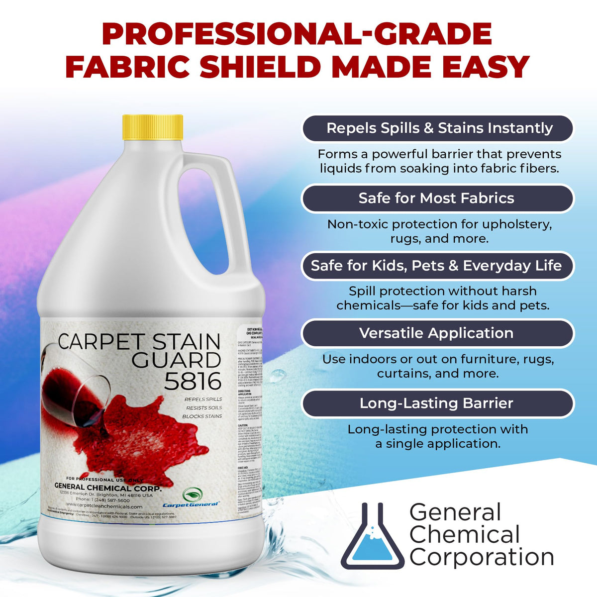 General Chemical Stain Shield Spray - Safe Fabric Protector Spritz and Stain Guard 5816 for Upholstery, Carpets, Rugs, Drapes & More - Impermeable