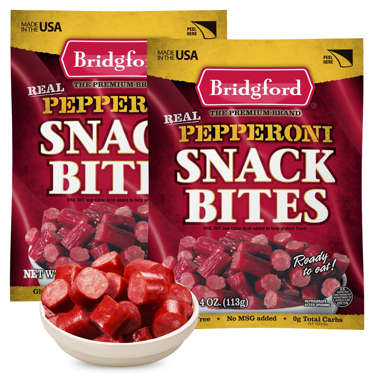 Bridgford Pepperoni Snack Bites 4 oz Pack of 2 - Ready-to-Eat Snacks for On-The-Go Snacking - Pork and Beef Pepperoni Bites with Zero Carbs for Keto