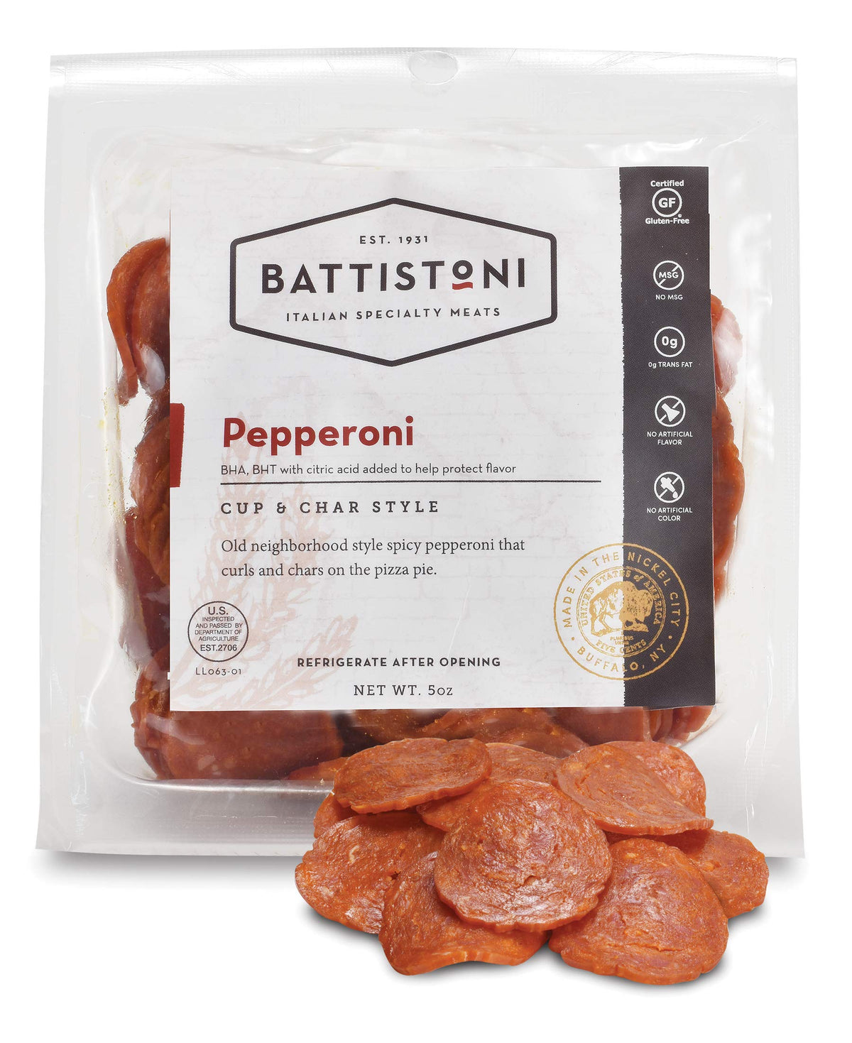 Battistoni Cup & Char Spicy Pepperoni, Case of 12, 5oz Pouches