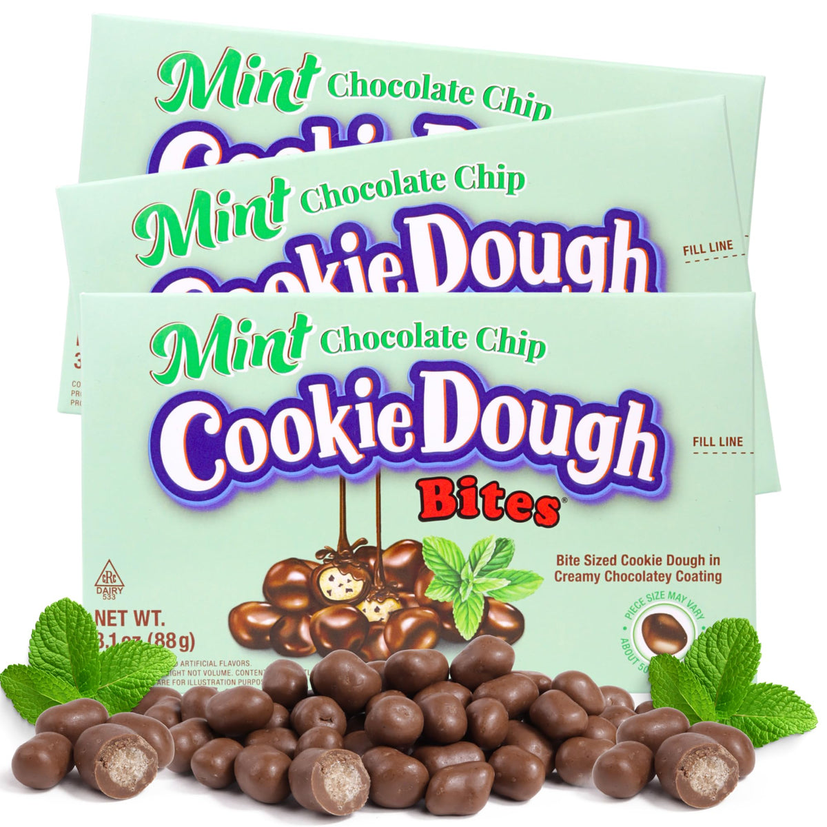Mint Chocolate Chip Bite Sized Edible Cookie Dough, Creamy Coating, Dessert and Ice Cream Toppers, 3.1 Ounces (Pack of 3)