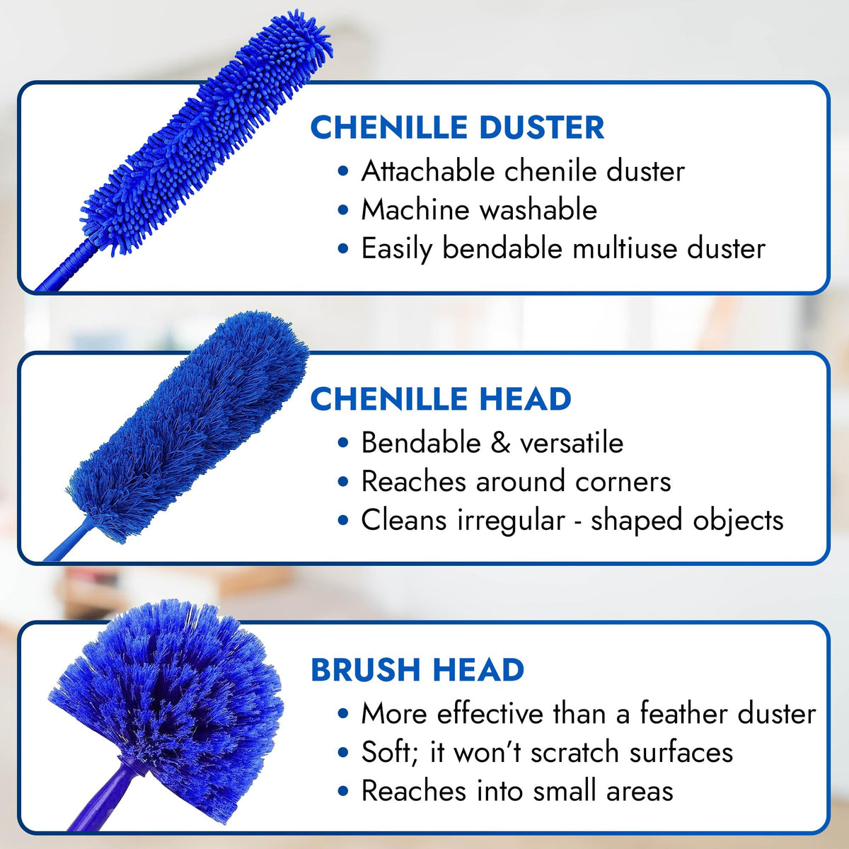 New U.S. Duster Company Triple Action High Reach Dusting Kit | Webster Cobweb Ceiling Fan Duster with 13 to 20 Foot Extension Telescope Pole |