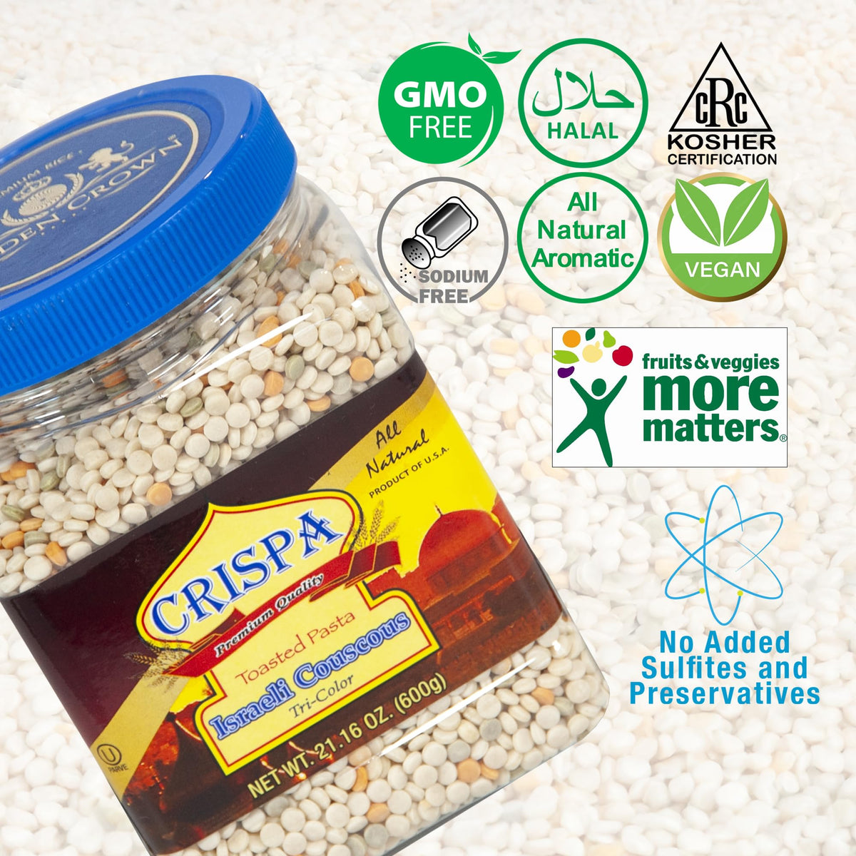 Crispa Premium Quality Tri-Color Israeli Couscous - 21.16 oz (1.3Lb) | Natural Product of Israel | No Cholesterol & 0.5g Total Fat | 143 Amount Per Serving Calories | Original Toasted Israeli-Style Pasta
