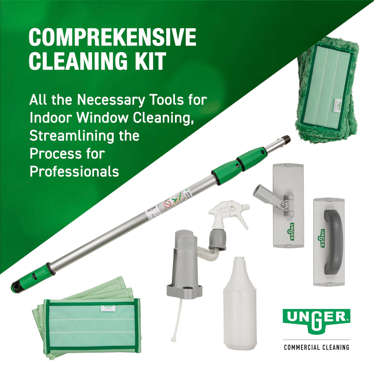 Unger Commercial SpeedClean Window Cleaning Kit, 11-Piece Set, 8-Inch Pad Holder with Microfiber Pads, 6-Foot Reach