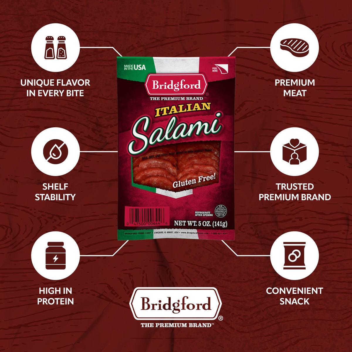 Bridgford Italian Salami 5 oz Pack of 2 - Zero Carb Healthy Salami Sliced Charcuterie Meat for Your Charcuterie Boards or Antipasto Platters