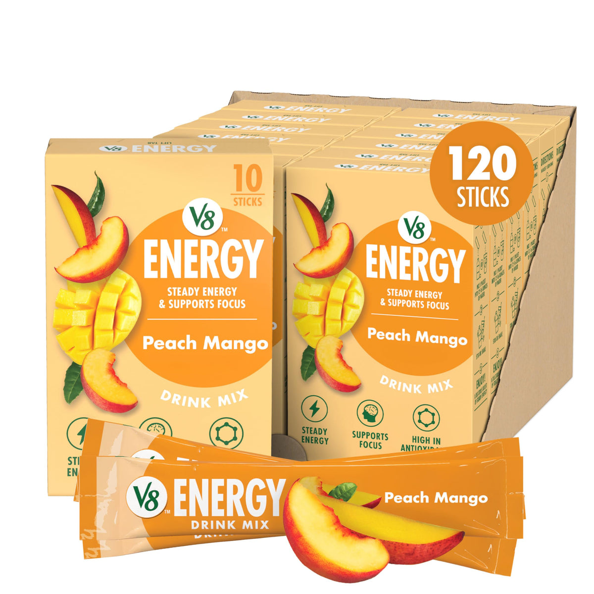 V8 Energy Peach Mango Energy Drink Powder, .10 oz Packet (120 Count)