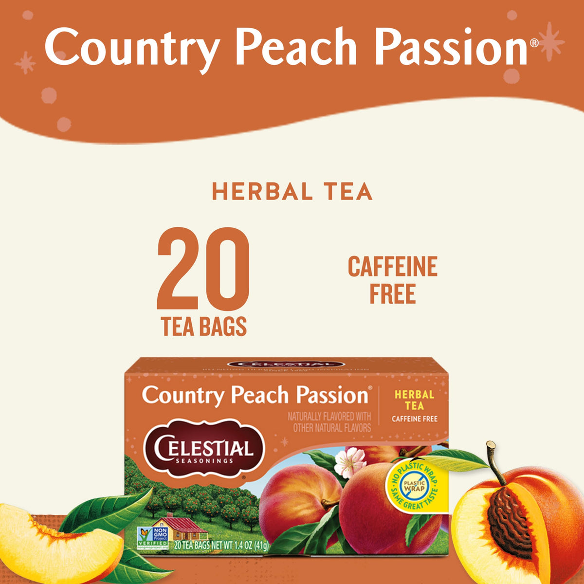 Celestial Seasonings Country Peach Passion Herbal Tea, 20 Tea Bags Box