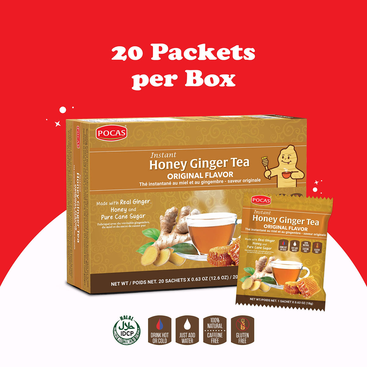 Pocas Honey Ginger Instant Tea Powder, Turmeric Flavor 2-Pack, Ginger Extract & Real Sweetener, Caffeine-Free Tea, 20 Packets per Box