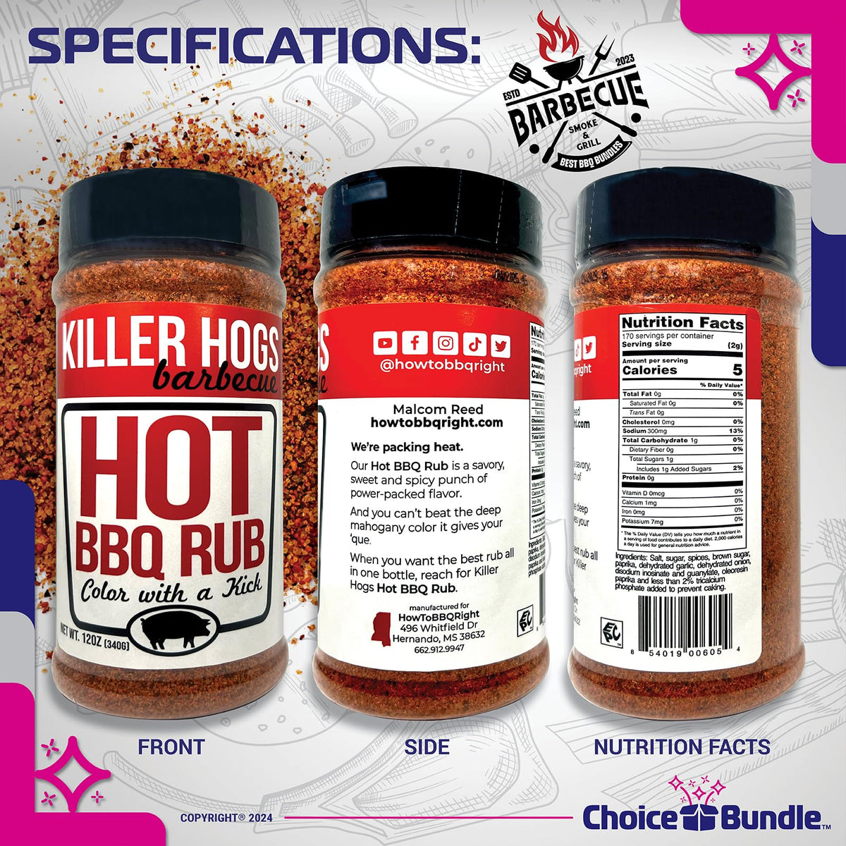 Killer Hogs Hot BBQ Rub Premium Barbecue Rub & Seasoning 2 pk (24 oz) + Guide & Bottle Opener (4 Items)!