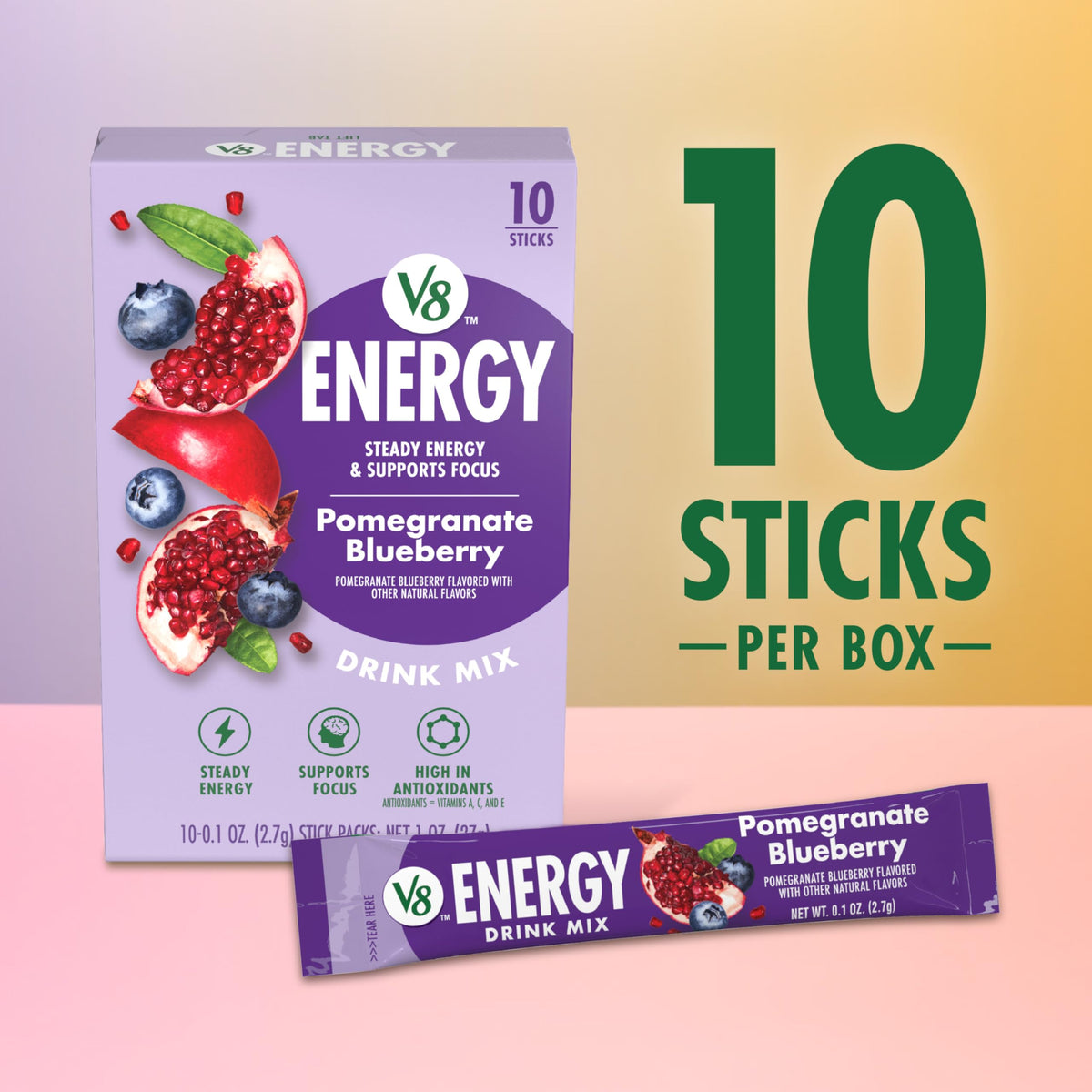 V8 Energy Pomegranate Blueberry Energy Drink Powder, .10 oz Packet (120 Count)
