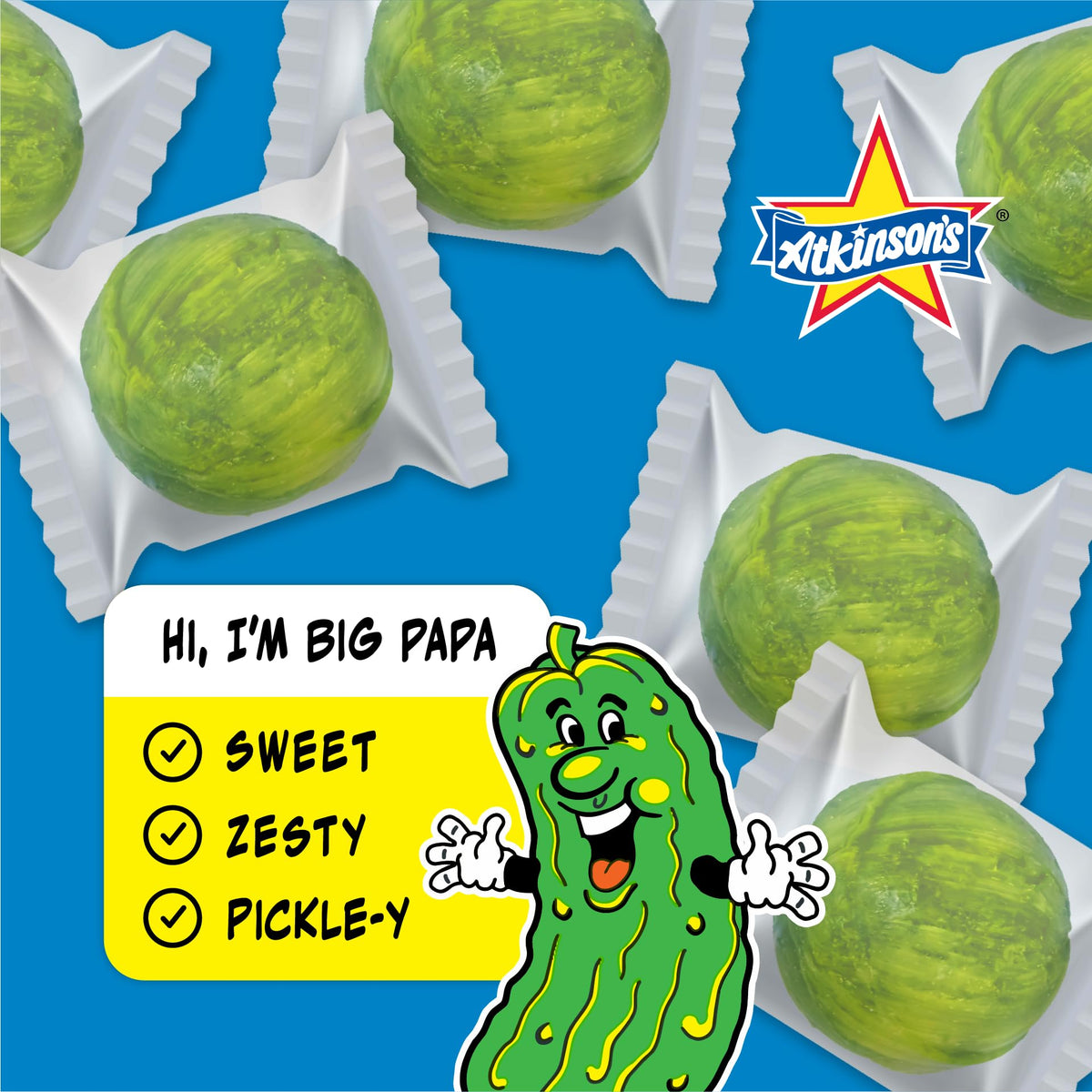 Atkinson's - Big Papa Pickle Ball Candy Sour Dill Flavored Candy by Van Holten's - 3 OZ, 3 Pack