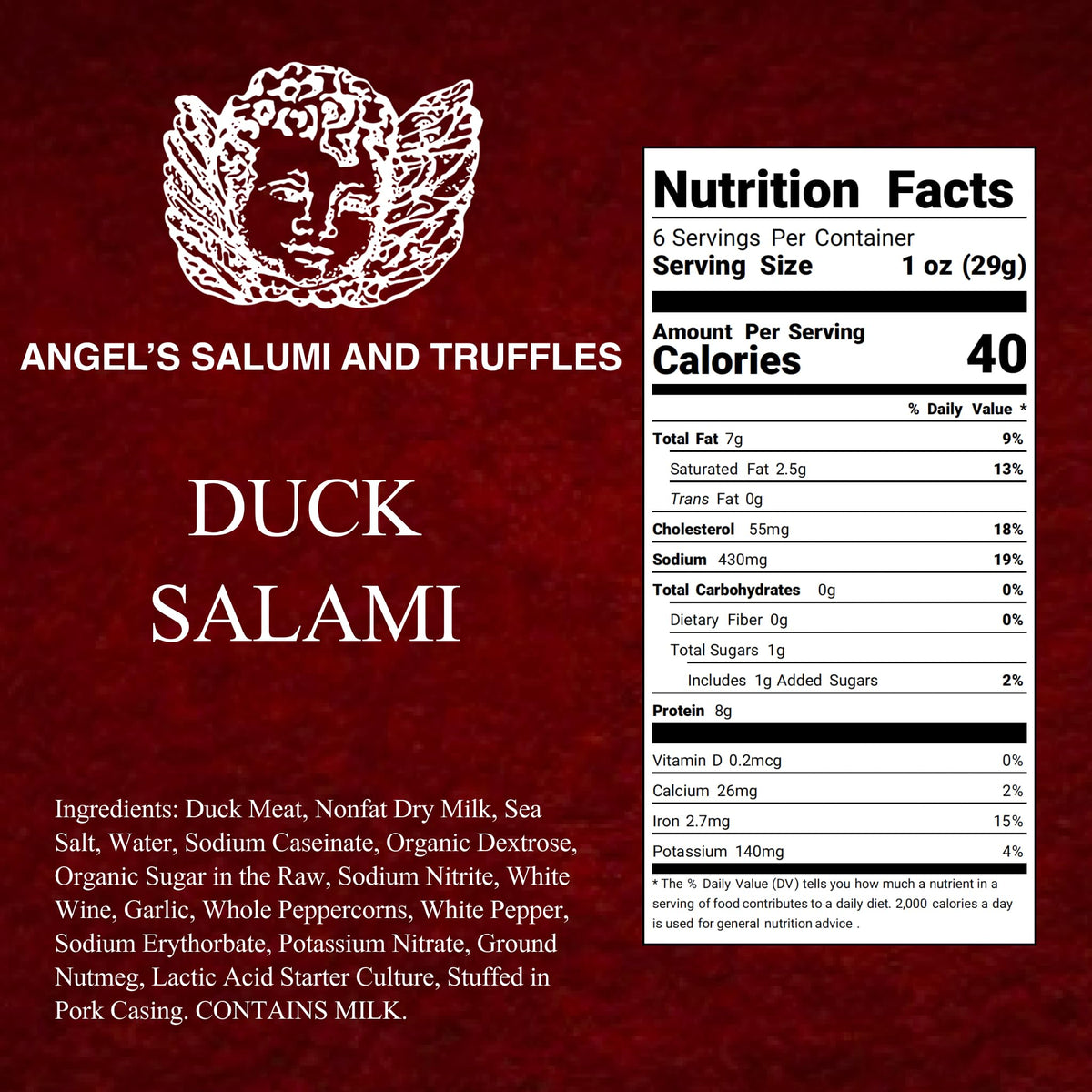 Angel's Salumi Duck Salami - 5.5 oz Gourmet Artisanal Charcuterie - Humanely Raised, Vegetarian-Fed, Antibiotic & Hormone-Free, No Phosphates