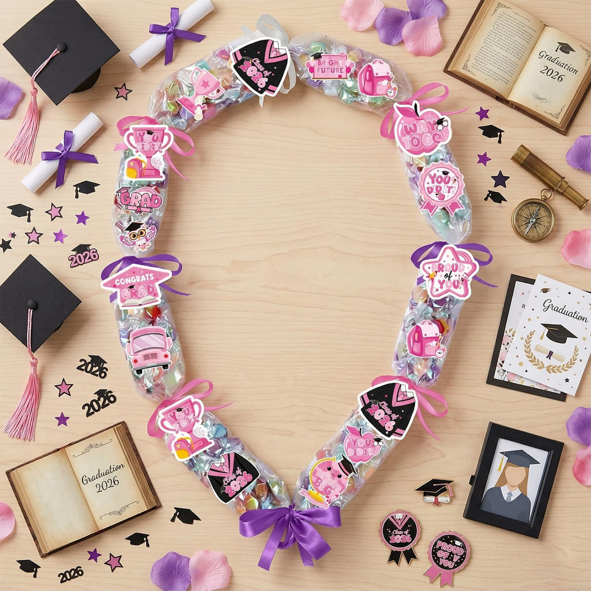 Silkovahamd Graduation Candy Leis 2026 - Graduation Candy Lei Making Kit Class of 2026, 12 Candy Tubing Clear 60 Pink Paper Cards 12 Stickers 3 Ribbon