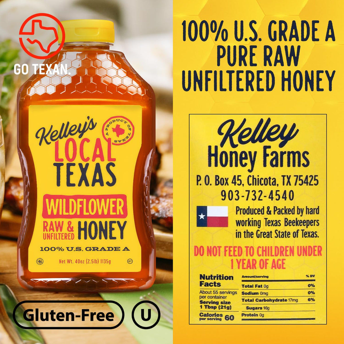 Kelley's Local Texas Wildflower Honey 40 oz - 100% Pure, Raw and Unfiltered - All-Natural American Honey for Tea, Baking, Yogurt, Toast & BBQ, Squeeze Bottle