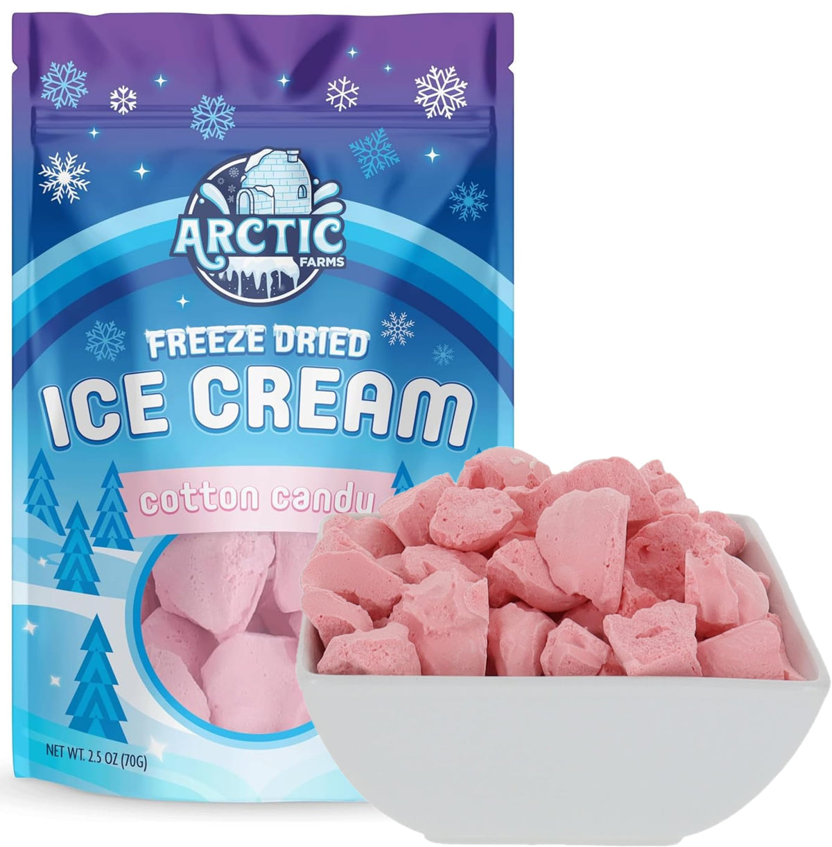 Arctic Farms Freeze Dried Ice Cream Bits Bagged and Boxed - Does Not Melt (Cotton Candy Pink)