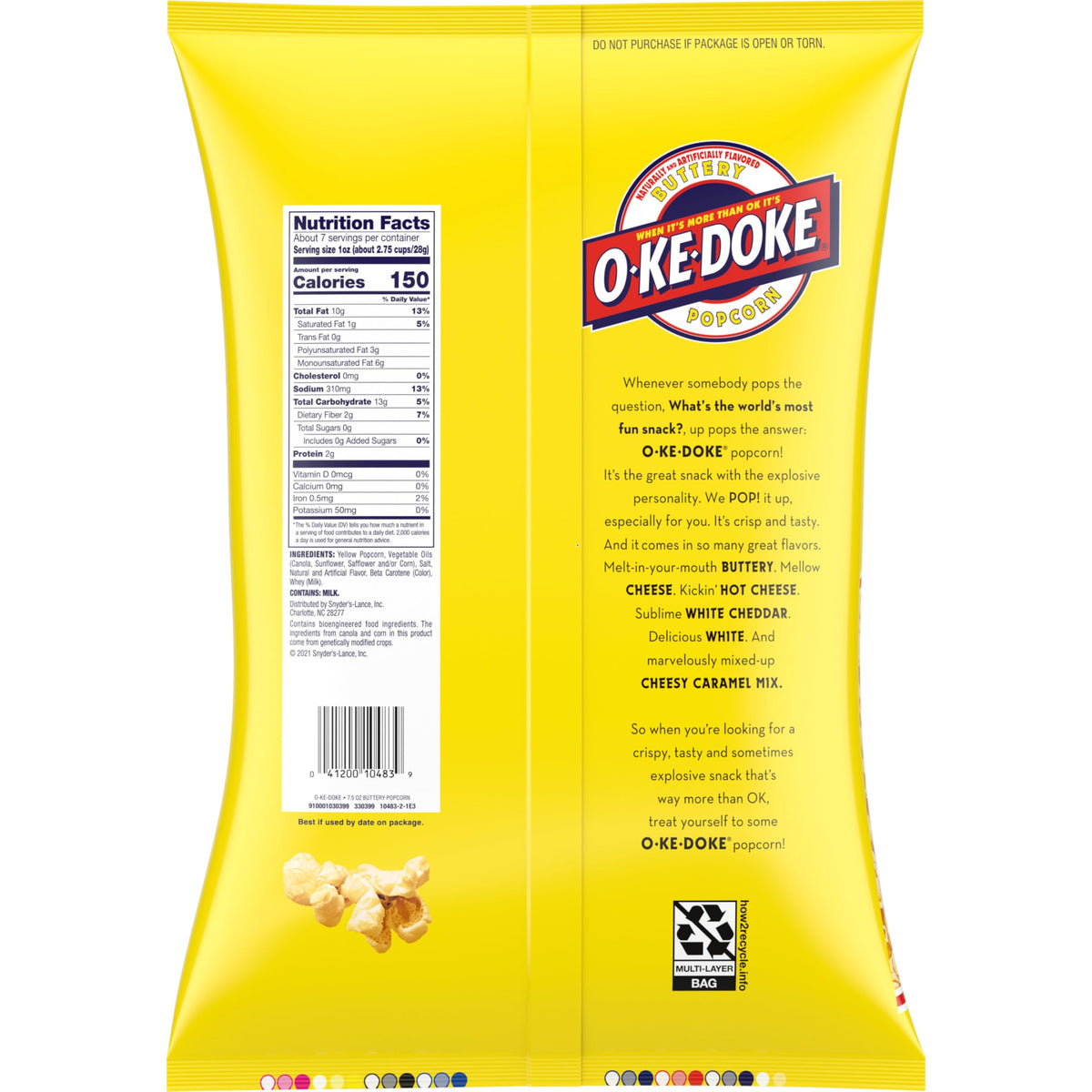 O-Ke-Doke Popcorn, Buttery Popcorn, 7.5 Oz Bag