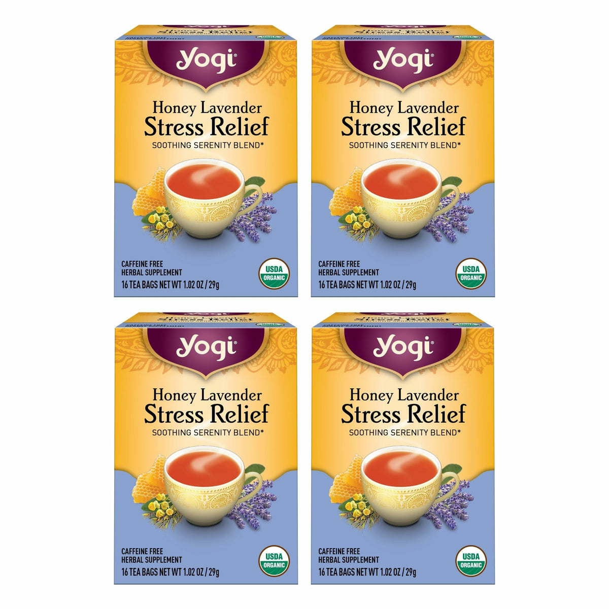 Yogi Tea Honey Lavender Stress Relief - 16 Bags per Pack (4 Packs) - Organic Chamomile Lavender Tea - Includes Lemon Balm, Lemongrass, Spearmint Leaf