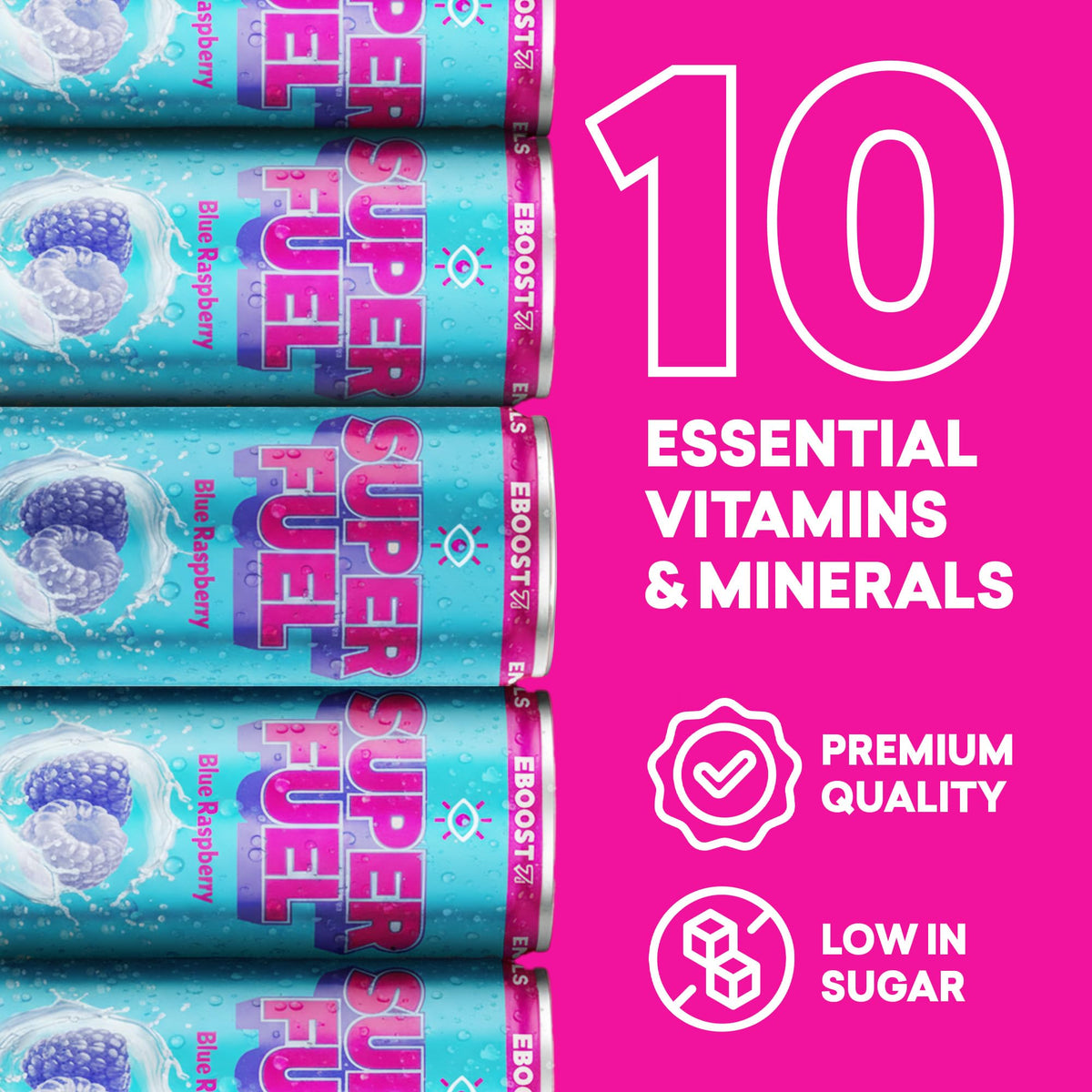 EBOOST SUPER FUEL Healthy Energy Drink - Blue Raspberry: 12 Healthy Energy Drinks - Focus & Productivity - 110 mg Caffeine + Nootropics