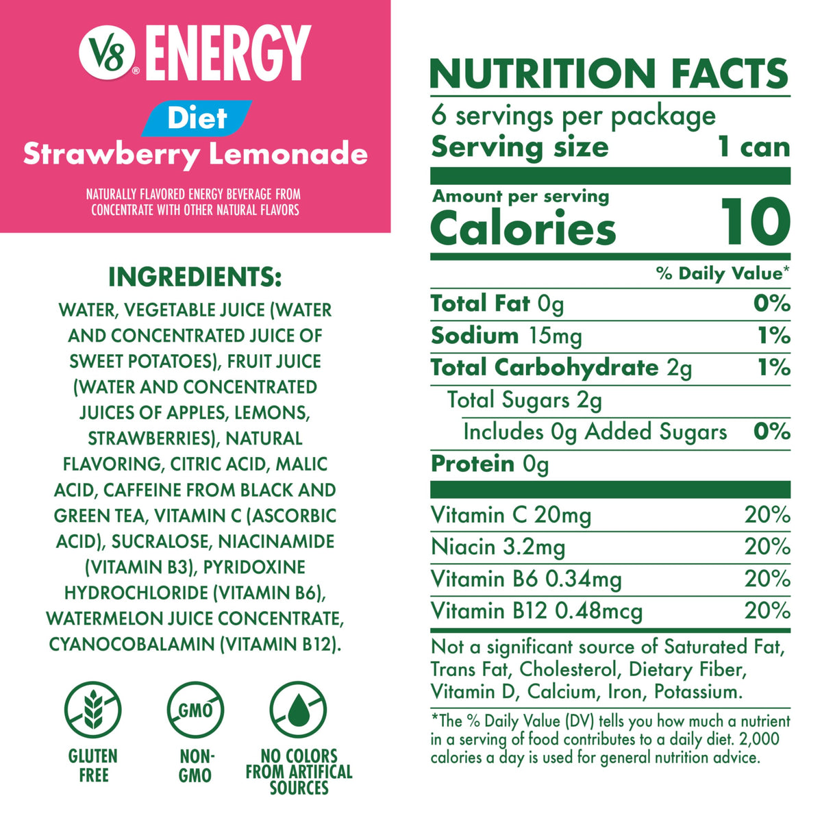 V8 Energy Diet Strawberry Lemonade Juice Energy Drink, 8 fl oz Can (6 Pack) (Case of 4)